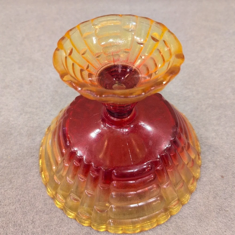 Vintage Amberina Glass Basketweave‎ Compote Footed Candy Dish Red Yellow Scallop